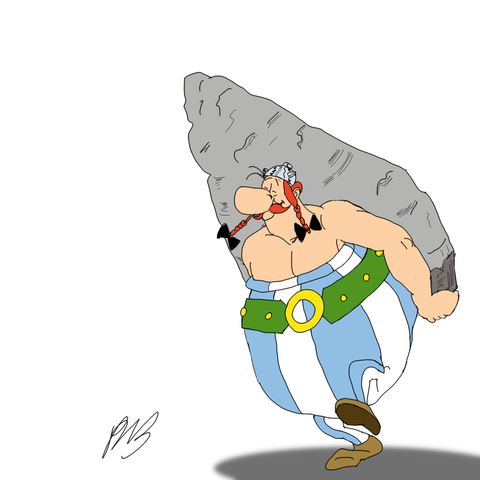 Obelix, a large Gaul and menhir salesman.