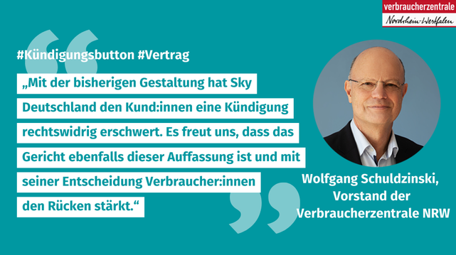Wolfgang Schuldzinski, Vorstand der Verbraucherzentrale NRW: „Mit der bisherigen Gestaltung hat Sky Deutschland den Kund:innen eine Kündigung rechtswidrig erschwert. Es freut uns, dass das Gericht ebenfalls dieser Auffassung ist und mit seiner Entscheidung Verbraucher:innen den Rücken stärkt.“
