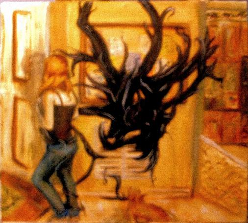 Mostly sepia oil painting. A teen girl turns down a hall wearing jeans and a tank top, viewed from behind. A cat looks up to the grate and sees a black amorphous creature with many branching tentacles flowing out of the grate. The girl doesn't notice even as tentacles reach for her.  The background is a family home, looking into a kitchen on one side.