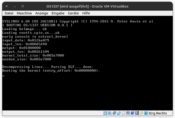 Screenshot of VirtualBox showing OS/1337 hanging at boot after "Boothing the Kernel"...