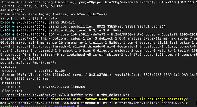 A screenshot of a large amount of text and information from ffmpeg as it compressed a timelapse.