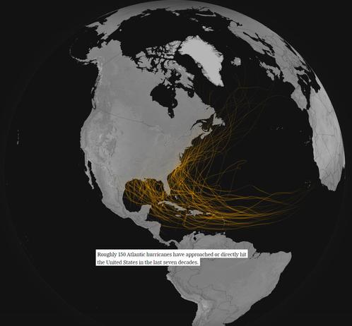 map - hurricane paths - Atlantic coast
