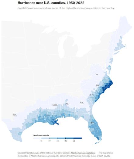 map - hurricane frequency by county - Atlantic Coast