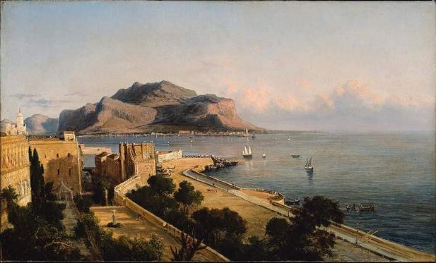 Foro Italico e il Monte Pellegrino, in un dipinto di George Loring Brown del 1856, si vede la passeggiata delle Cattive, Porta Felice e il mare che lambiva la strada