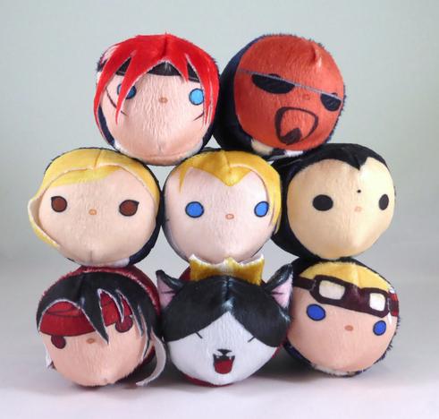 a stack of eight bean plush of the Turks from Final Fantasy 7, including Reno, Rude, Elena, Rufus, Tseng, Vincent, Cait Sith, and Cid
