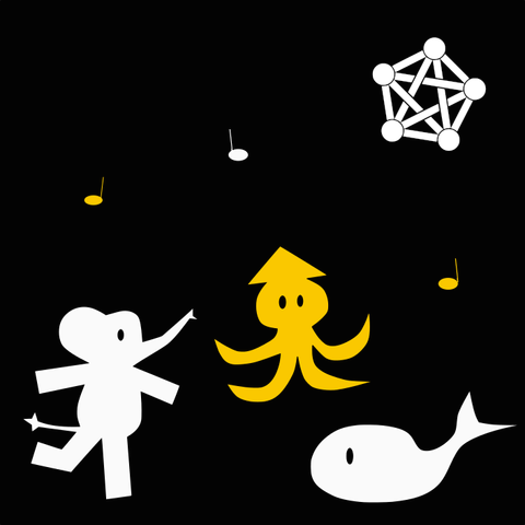 In schwarz, weiß und gelb ein Mastodon, eine Krake und ein Wal in scherenschnitt-artigen Stil, die tanzen und mit Noten darüber. Rechts in der Ecke das Fediverse-Logo bestehend aus 5 Netzwerk-Knoten und Verbindungen.