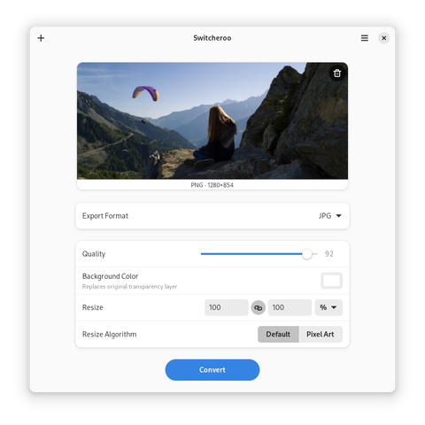 A screenshot of Switcheroo, showing a photo from atop a mountain loaded, with export options below