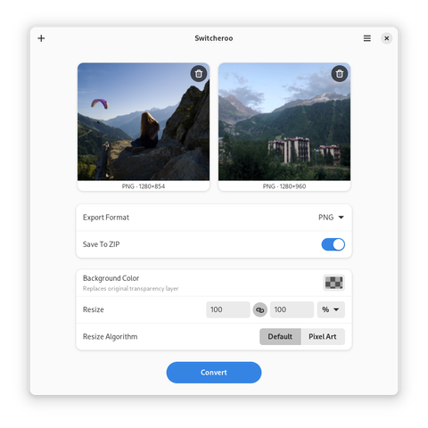 A screenshot of Switcheroo, showing a photo from atop a mountain and one at it's base loaded, with export options below