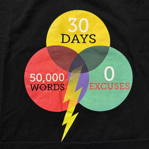 Photo of a black NaNoWriMo winner tshirt with vent diagram: yellow circle at top - 30 days, red circle bottom left - 50,000 words, and green circle bottom right - 0 excuses having a big yellow lightning bolt coming out of the center intersection.