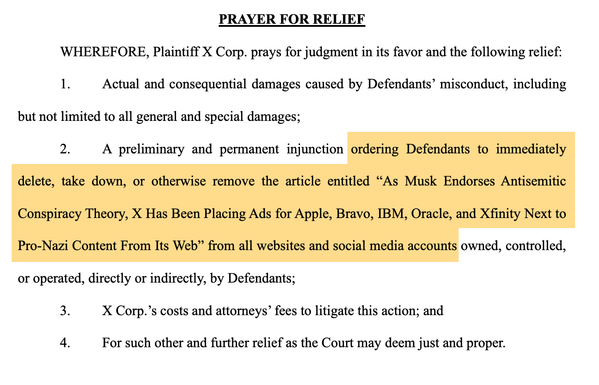 PRAYER FOR RELIEF
WHEREFORE, Plaintiff X Corp. prays for judgment in its favor and the following relief:
1. Actual and consequential damages caused by Defendants’ misconduct, including
but not limited to all general and special damages;
2. A preliminary and permanent injunction ordering Defendants to immediately
delete, take down, or otherwise remove the article entitled “As Musk Endorses Antisemitic
Conspiracy Theory, X Has Been Placing Ads for Apple, Bravo, IBM, Oracle, and Xfinity Next to
Pro-Nazi Content From Its Web” from all websites and social media accounts owned, controlled,
or operated, directly or indirectly, by Defendants;
3. X Corp.’s costs and attorneys’ fees to litigate this action; and
4. For such other and further relief as the Court may deem just and proper
