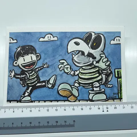 Ink and watercolour cartoon of the Mario character dry bones koopa troopa on the right, and a child dressed like dry bones on the left.