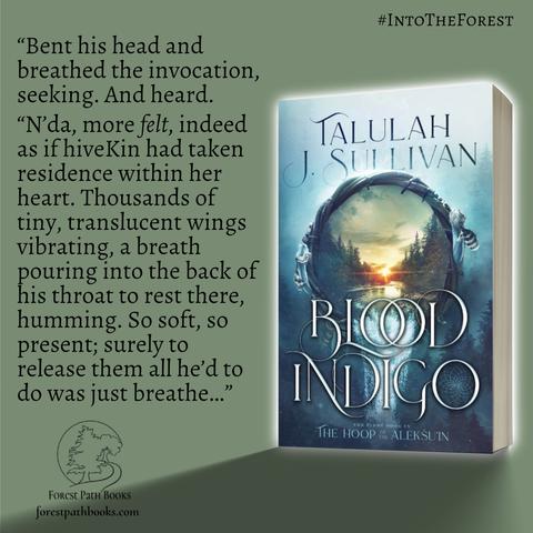 Cover of BLOOD INDIGO and quote (in text)