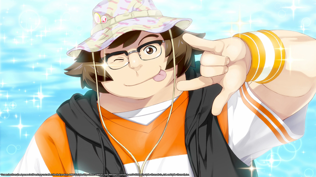 A screenshot from the game Robotics;Notes Dash. It depicts a fairly big man posing  for a photo, making a gesture with his hand, blinking his left eye and his tongue is out.