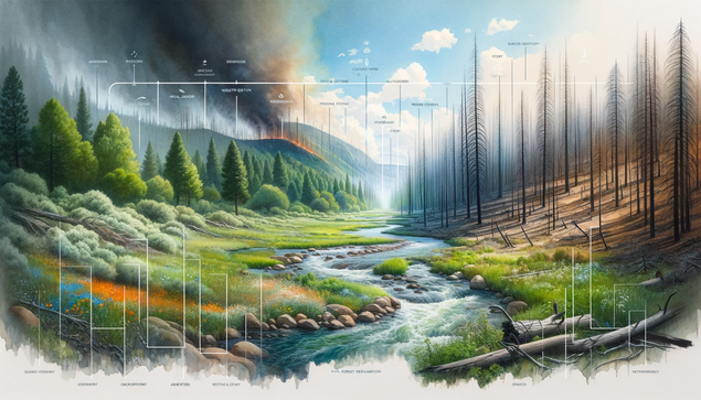 Generated by AI. Illustration of a landscape changing through the disturbance of a wildfire.
