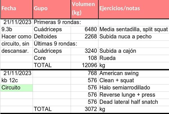 Ejercicios de la sesión de pesas y del circuito de kettlebells.