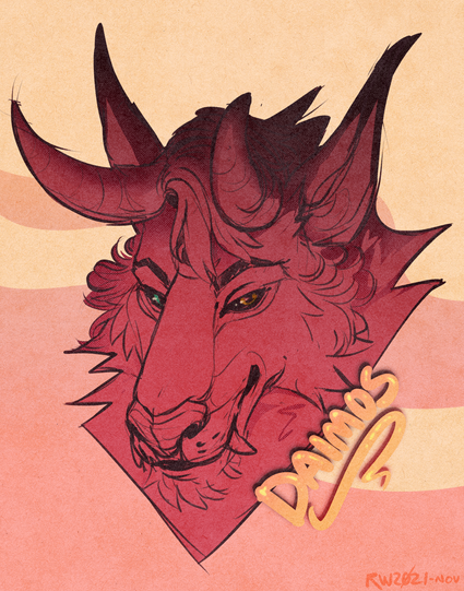 A headshot of a veilhound, Daimos, a demonic canine with horns and fangs.