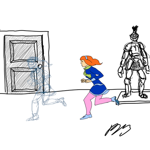 Daphne Blake, a red-headed meddling kid, running down a corridor whose background almost certainly repeats itself.