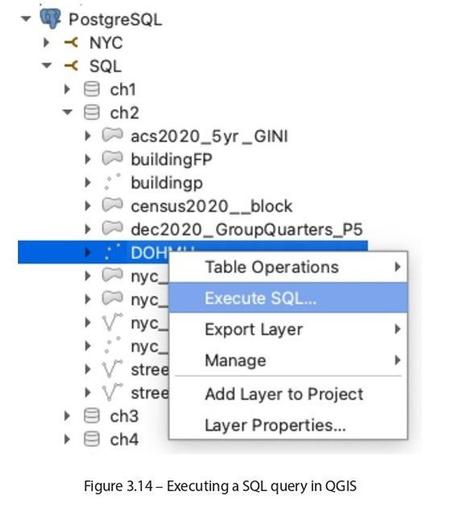 screen shot - Figure 3.14 - Executing a SQL in QGIS - Geospatial Analysis With SQL