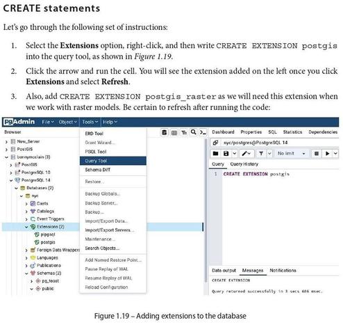 screen shot - Figure 1.19 - adding extensions to the database - Geospatial Analysis With SQL