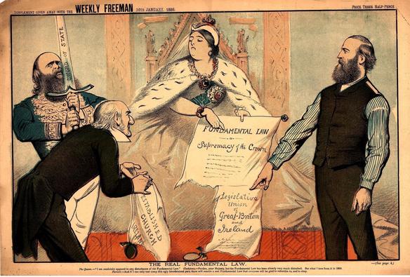 Weekly Freeman cartoon from 1886 featuring Queen Victoria, Parnell, Gladstone and Spencer