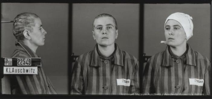 A mugshot registration photograph from Auschwitz. A woman wearing a striped uniform photographed in three positions (profile and front with bare head and a photo with slightly turned head with a headscarf on). The prisoner number is visible on a marking board on the left.