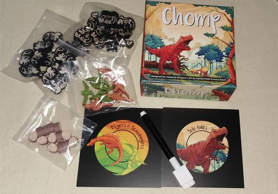 Spielschachtel chomp, dino meeple, Eier, Solo- und Erweiterungs-Regeln