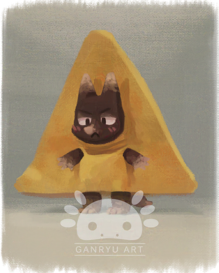 A digital painting of a cute, cartoony, anthro wolf in a Dorito chip costume.
He's immobilized by the unpractical shape of it and is looking a little flustered and grumpy.