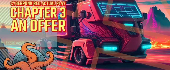 A futuristic tractor-trailer drives through a red, orange, and purple hued desert.