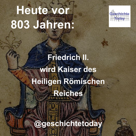 Heute vor 803 Jahren: Friedrich II. wird Kaiser des Heiligen Römischen Reiches. Das Bild aus einem von Friedrich II. in den 1240er-Jahren verfassten Buch zeigt Friedrich II.