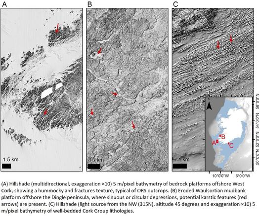 maps - (A) Hillshade (multidirectional, exaggeration ×10) 5 m/pixel bathymetry of bedrock platforms offshore West Cork, showing a hummocky and fractures texture, typical of ORS outcrops. (B) Eroded Waulsortian mudbank platform offshore the Dingle peninsula, where sinuous or circular depressions, potential karstic features (red arrows) are present. (C) Hillshade (light source from the NW (315N), altitude 45 degrees and exaggeration ×10) 5 m/pixel bathymetry of well-bedded Cork Group lithologies.