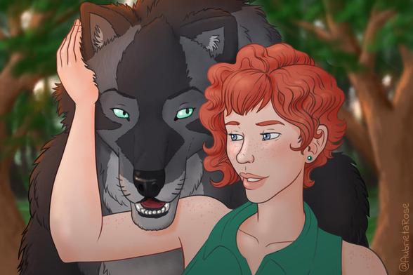 An illustrated portrait of a woman with short, curly red hair, blue eyes, and freckles, nuzzling against the side of a dark grey werewolf's face.