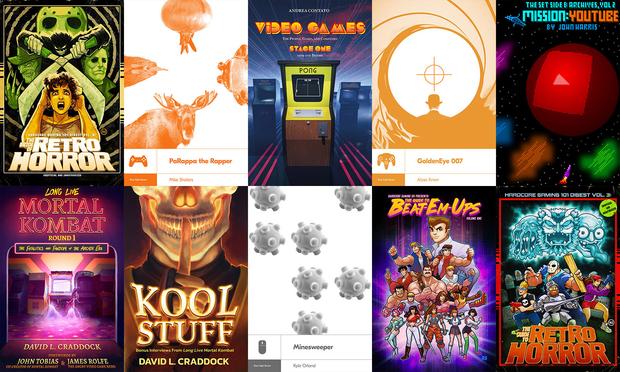 Ten book covers arranged in a matrix five across and two down. The books depicted are The Guide to Retro Horror, Boss Fight Books on PaRappa the Rapper, Video Games - Stage One: 1979 and Before, Boss Fight Books on GoldenEye 007, The Set Side B Archives Vol 2: Mission Youtube, Long Live Mortal Kombat Round 1, Kool Stuff: Bonus Interviews From Long Live Mortal Kombat, Boss Fight Books on Minesweeper, the Hardcore Gaming 101 Guide to Beat-Em-Ups Vol 1, and HG101: The Bride of Retro Horror