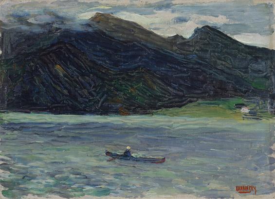 Wassily Kandinsky, Kochel – See mit Boot, Sommer 1902, Öl auf Leinwandkarton. Städtische Galerie im Lenbachhaus und Kunstbau München. - Blaue Berge, davor der See in diversen Blautönen, darauf ein Boot mit einem Menschen.