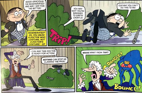 Erbert in a Troughton costume, tripped up by Plug in a Pertwee costume who is then scared by a dangling spider with a crown.