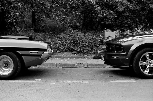 Black and white photo of a vintage American car