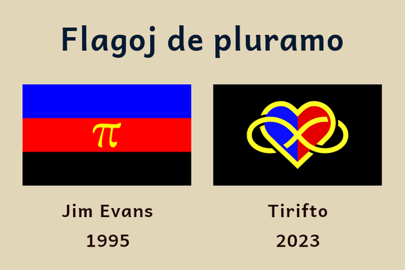 Bildo kun titolo »Flagoj de pluramo«. Ĝi kompare montras du flagojn. La unua estas farita de Jim Evans en 1995; ĝi konsistas el tri egalaltaj horizontalaj strioj: blua, ruĝa, kaj nigra. Sur la ruĝa estas flava greka litero Pi. La dua estas la mia, kiu estas priskribita en la unua bildo.