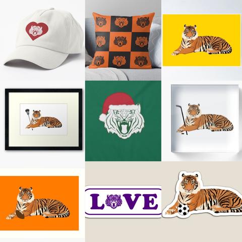 Our tiger mascots are shown solo, playing sports and even a santa tiger on a variety of made to order products.