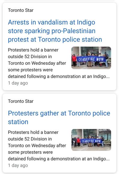 A weird artifact shows the distinct headlines on the Toronto Star article, even though they now point to the same final product.