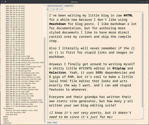 A screenshot of the aforementioned shitty little WYSIWYG editor. File tree on the left,  tiny toolbar of unstyled buttons on the top with barebones features (bold, italic, links, divider, raw html)