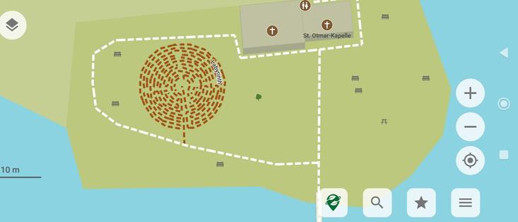 Kartenausschnitt der Insel Werd mit Weg des Labyrinths