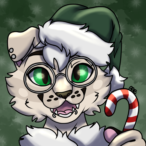 a white scottish fold hybrid with green eyes wearing a green santa hat and holding up a candycane