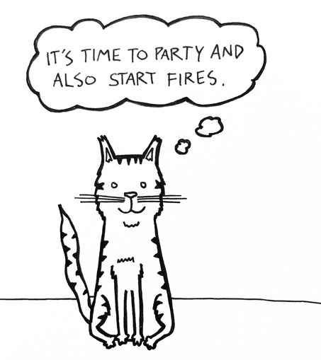 a striped cat sits and thinks "it's time to party and also start fires."