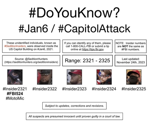 Photos of five January 6th riot suspects who were observed inside the US Capitol Building.