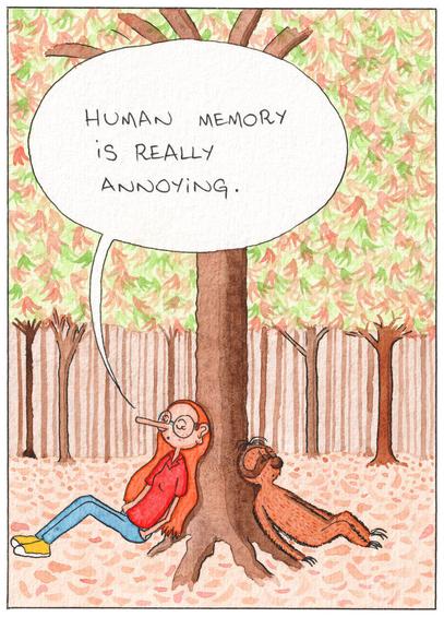Panel 1: Alice and the sloth are sitting down against a tree trunk. Alice: "Human memory is really annoying."