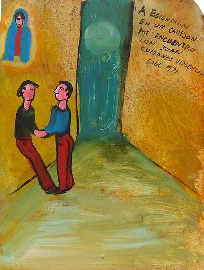 Pintura esquemática en la que aparecen dos hombres de la mano, a la izquierda, sobre ellos una representación de la Virgen María, a la derecha sobre la pared una inscripción
