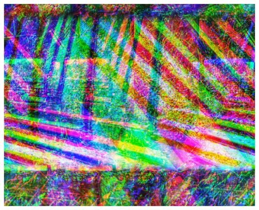 Originally a black and white vortograph of railway lines through the Vortoscope, after running the image through the Channel Shifting script we get a multicoloured abstract.