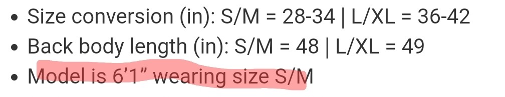 Black text on white background, last line crudely highlighted in red:

* Size conversion (in): S/M = 28-34 | L/XL = 36-42
* Back body length (in): S/M = 48 | L/XL = 49
* Model is 6’1” wearing size S/M