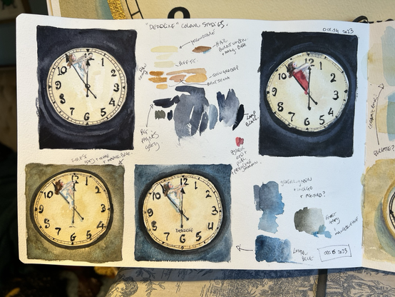 This is a photo of my open sketchbook that I used to do colour studies for my paintings. What you see here are four different colours studies of my painting deadline” studies are in watercolor, and have little swatches, painted all over the page along with notes on what I like, and don’t like