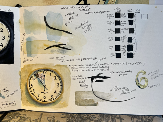 This is the second page of the colour studies in my sketchbook. These studies show different black ink, swatches and paint swatches along with different transparency, paints and super granulated paints in watercolor. There is also a gold leaf test and the final colour study of the clock face that I used in my painting “Deadline”
