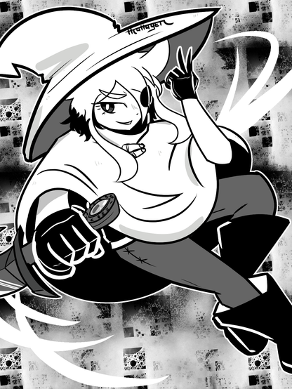 Monochrome digital art of a thin, handsome man with an eyepatch, big pointy hat, and thick cloak. He is jumping to the left while brandishing a knife and making a "scissors" sign with his other hand.